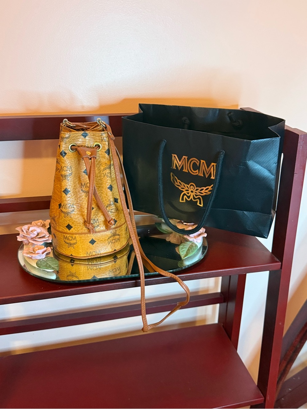 Rare MCM Cognac Visetos Monogram Drawstring Bucket Bag with Leather Strap